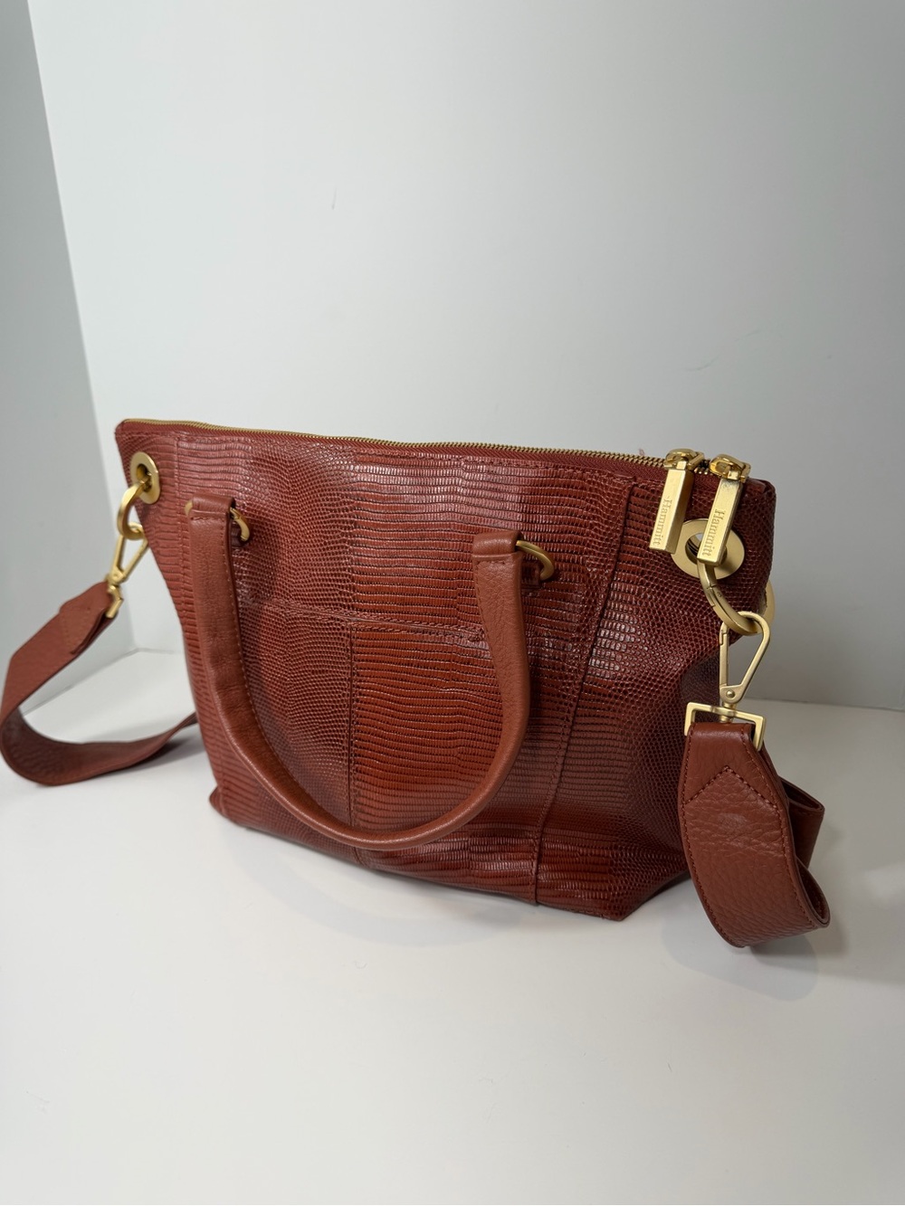 Hammitt Daniel Leather Satchel Crossbody Bag Cognac Lizard Gold - Picture 6 of 11